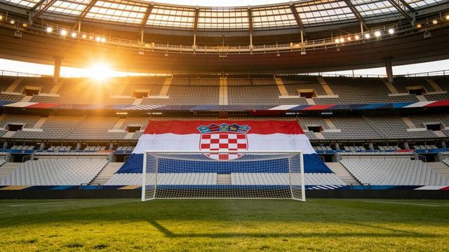 Sunlit stadium goal with giant croatian flag draped over empty stands