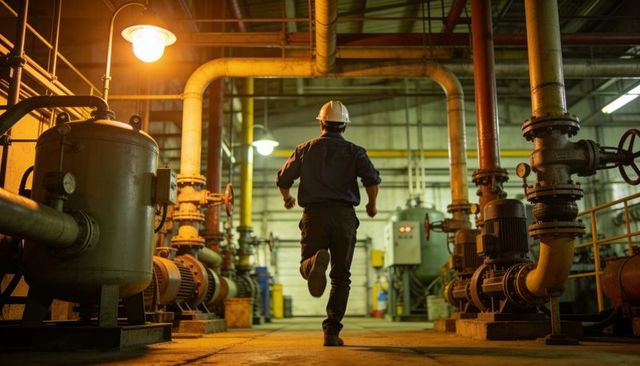 Industrial technician walking down pump room aisle with heavy piping, valves, machinery