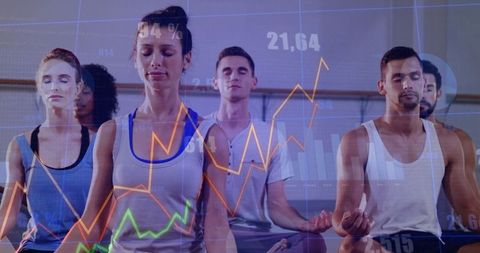 Group Meditating in Fitness Studio with Data Overlay Visualization