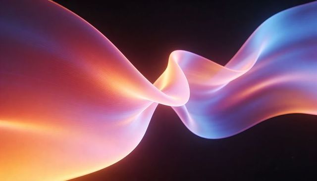 Twisting Neon Ribbons Flowing Between Warm Orange-Pink and Cool Blue-Purple Gradient Glow