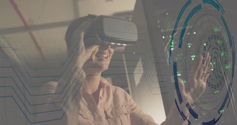 Caucasian Woman Utilizing VR Headset in High-Tech Server Environment