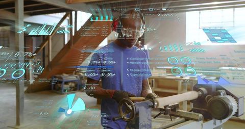 Woodworker Turning Lathe with Augmented Reality Data Overlay Showing Production Metrics