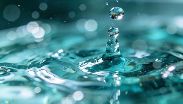 Turquoise water droplet splash capturing macro reflection and teal bokeh ripples