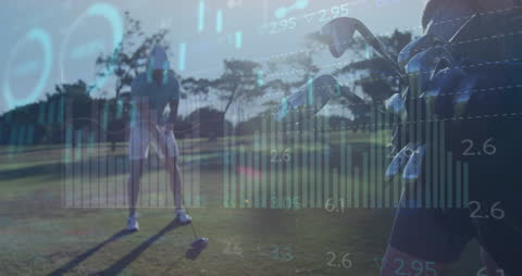 Golf Player with Data Overlays on Course Reflecting Analytics