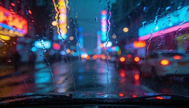 Rain-splattered windshield framing neon-lit wet city street at night vibrant bokeh glow