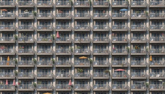 Repeating balcony grid with metal railings and potted plants on urban highrise facade