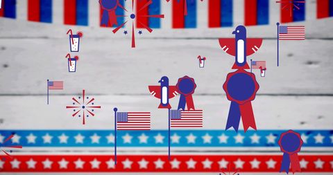 Patriotic Icons Display over Stars and Stripes Background