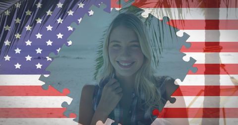 American flag puzzle overlays smiling woman on beach