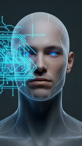 Android head projecting blue circuitry overlay and activating with glowing eyes in lab