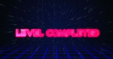 Retro Level Completed Text with Futuristic Glitch Effect