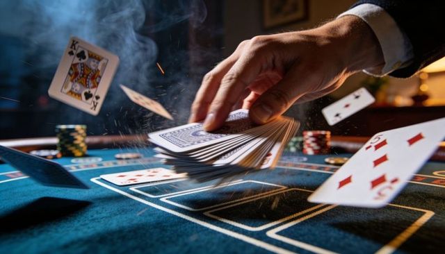Casino dealer fanning cards over felt table with flying cards, chips and sparks