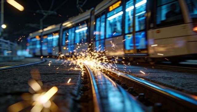 Tram wheels sparking on night tracks with motion blur and urban light trails