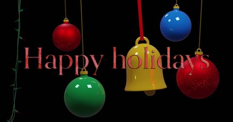 Festive Holiday Baubles with Happy Holidays Greeting on Black