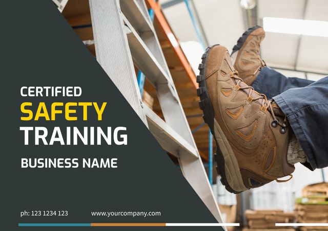Ideal for promoting workplace safety programs and certified safety training courses. Emphasizes the importance of wearing proper safety equipment like durable boots when climbing ladders or working in industrial environments. Useful for training manuals, safety presentations, or marketing materials for safety training companies.