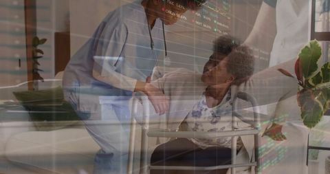 Caregiver Assisting Senior Woman in Therapy Room with Data Overlay