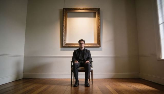 Man sitting under empty gold frame in minimalist gallery, contemplative portrait