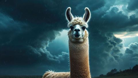 Brown llama standing tall amidst gathered storm clouds reflects resilience