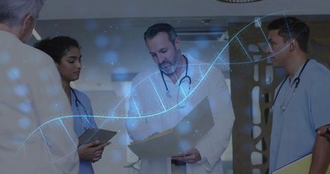 Medical team reviewing genomic data with holographic dna double helix in hospital corridor