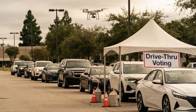 Drive-thru voting line with drone overhead, cars queuing in suburban parking lot