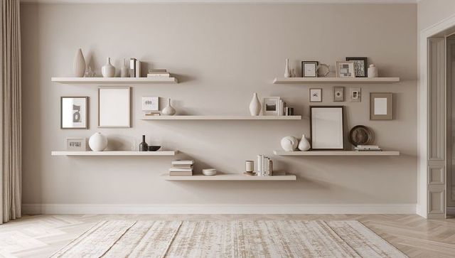 Minimalist wooden shelves with neutral accent decor in living space