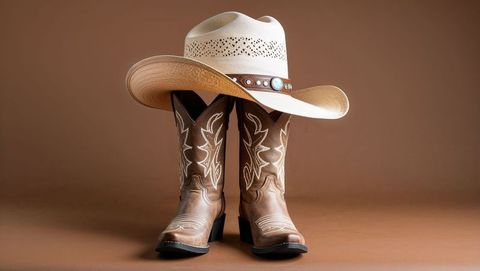 Leather cowboy boots and straw hat on brown background