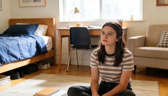Teenage girl studying on bedroom floor with notebooks sunlit cozy study corner for focus