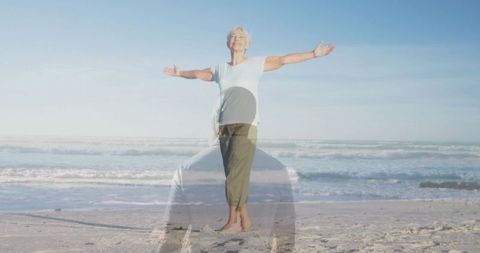 Serene Senior Woman Embracing Balance at Tranquil Beach