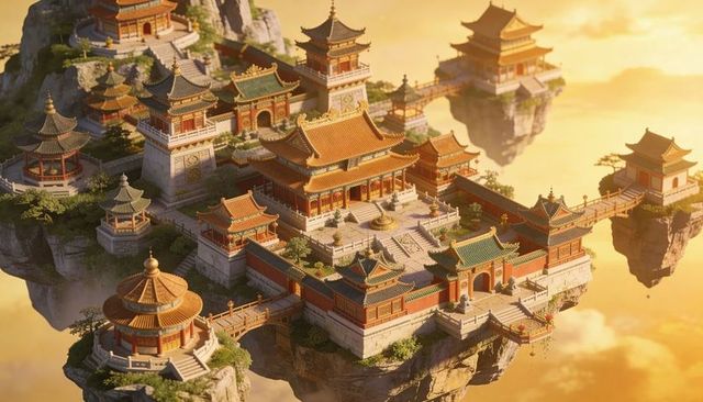Golden-roof floating east asian palace at sunset on misty rock islets with pagodas