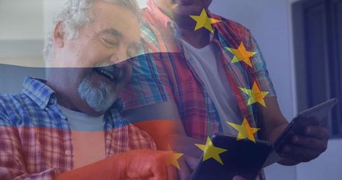 Senior Friends Browsing Tablets with Patriotic Flag Overlay