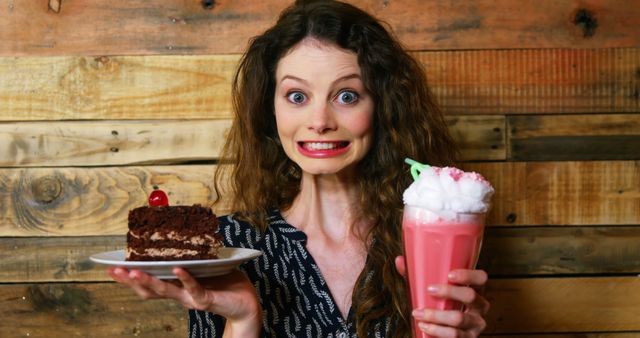 Curly-haired woman holding chocolate cake and strawberry milkshake, making a playful expression. This image is ideal for promoting desserts, food blogs, marketing both junk food and sweets, diet decisions, and illustrating food dilemmas.
