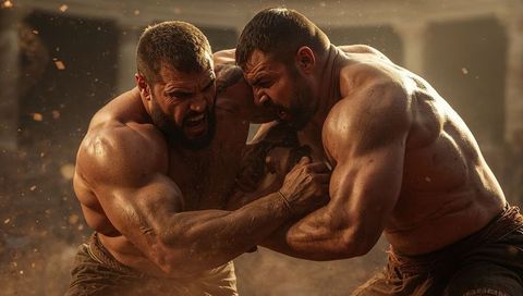 Grappling wrestlers straining in sandy arena pit, muscular combat, intense action