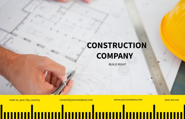 This image depicts an architect's hand actively drafting on construction blueprints, illustrating careful planning and attention to detail. The presence of a construction helmet and a ruler emphasizes the professional and technical aspects of the construction industry. Ideal for use in promotional materials for architectural firms, construction companies, engineering websites, and educational content about architecture and construction planning.