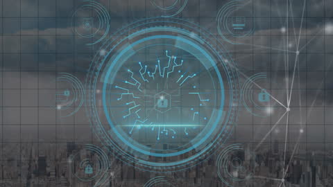 Digital Cybersecurity Concept with Futuristic Interface and Cityscape