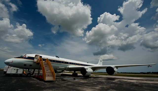 The NASA DC-8 airplane sits on the tarmac, Sunday, Aug. 15, 2010, at Fort Lauderdale International Airport in Fort Lauderdale, Fla. , as preparations continue for its part in the GRIP experiment. The Genesis and Rapid Intensification Processes (GRIP) experiment is a NASA Earth science field experiment in 2010 that is being conducted to better understand how tropical storms form and develop into major hurricanes. Photo Credit: (NASA/Paul E. Alers)