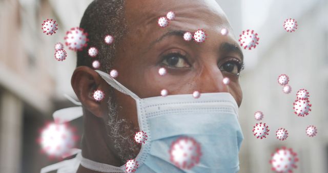 Man Wearing Mask Surrounded by Virus Particles Outdoors - Download Free Stock Images Pikwizard.com