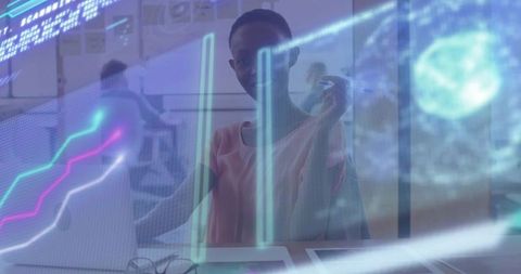 Businesswoman Reviewing Holographic Data Visualizations on Laptop in Open Office