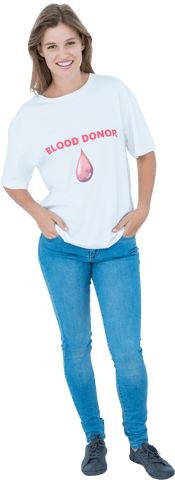 Smiling woman in blood donor t-shirt on transparent background