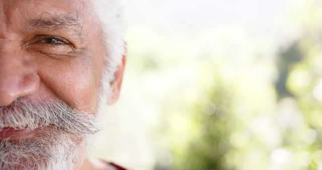 Half portrait of biracial man with white beard smiling in sunny nature, copy space, slow motion. Summer, retirement, wellbeing and healthy senior lifestyle, unaltered.