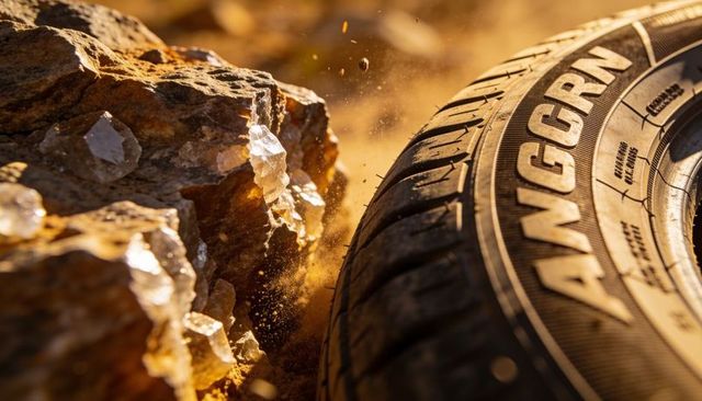 Off-road tire gripping rocky desert at sunset, kicking dust and showing tread detail