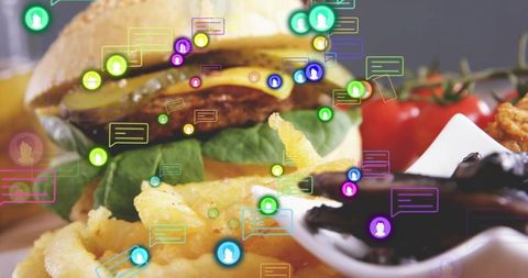 Gourmet cheeseburger with melted cheese and crispy fries featuring neon social chat bubbles