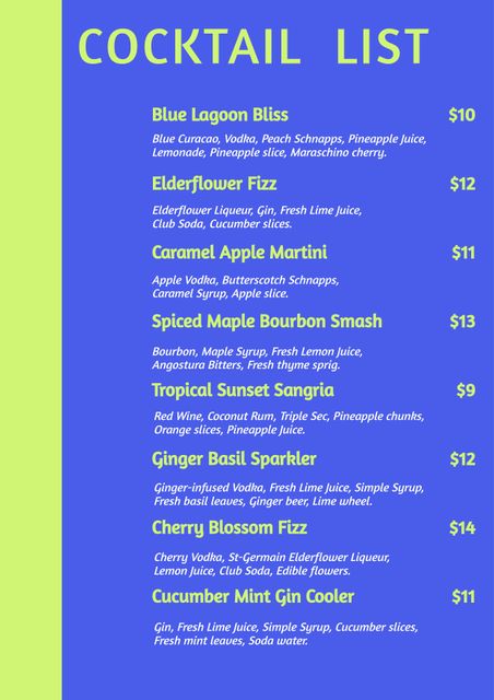 Bright and eye-catching cocktail menu featuring various drink options with detailed descriptions and prices. Ideal for bars, restaurants, and events. Can be used in marketing materials, on websites, and social media to attract customers.