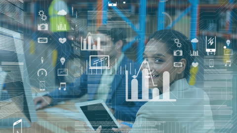 Smiling Professional Amidst Digital Data Interface in Modern Office