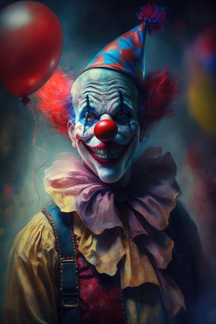 Close up of scary smiling clown with red balloon, created using generative ai technology. Evil clown and scare concept digitally generated image.