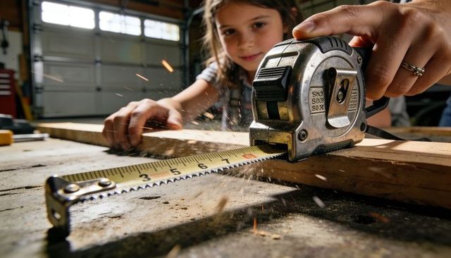 Parent teaching child woodworking measuring plank with tape measure and flying sawdust