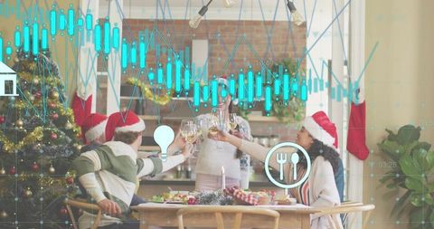 Family toasting holiday dinner in cozy kitchen wearing santa hats with ar data overlays