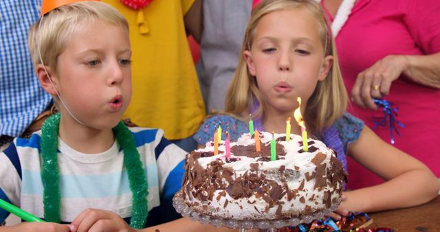 Children blowing out candles on a birthday cake while celebrating with family. Ideal for use in content about birthdays, family gatherings, childhood celebrations, and happy moments.