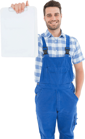 smiling young repairman holding clipboard isolated transparent - Download Free Stock Videos Pikwizard.com