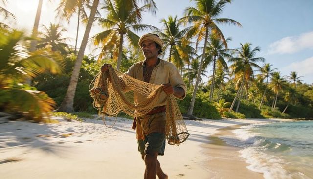 Local fisherman walking along sunlit tropical beach carrying woven fishing net with floats