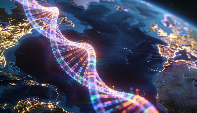 Neon dna helix spanning atlantic over city lights connecting global data networks