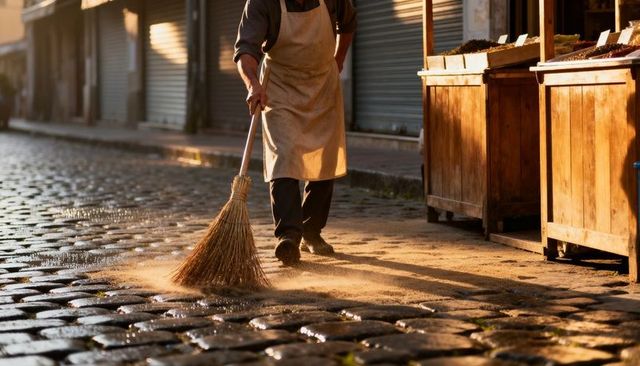 Early morning market vendor sweeping cobblestone lane in warm golden light